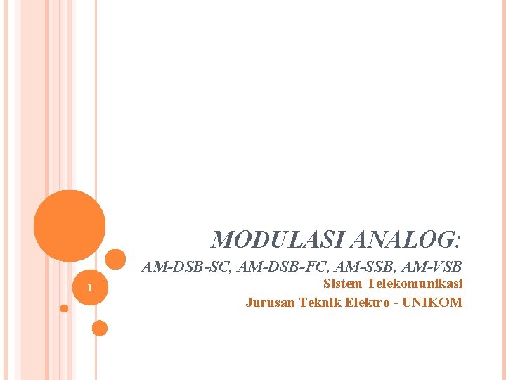 MODULASI ANALOG: AM-DSB-SC, AM-DSB-FC, AM-SSB, AM-VSB 1 Sistem Telekomunikasi Jurusan Teknik Elektro - UNIKOM