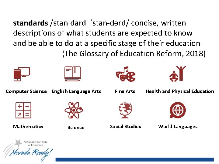 Slide 32 standards /stan·dard ˈstan-dərd/ concise, written descriptions of what students are expected to