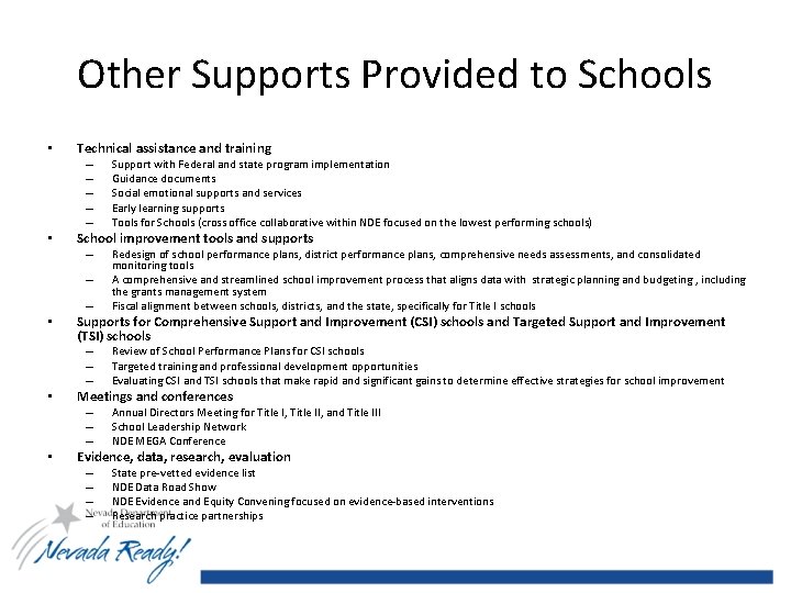 Other Supports Provided to Schools • Technical assistance and training – – – •