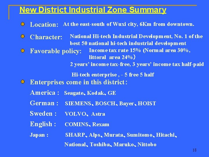 New District Industrial Zone Summary Location: At the east-south of Wuxi city, 6 Km
