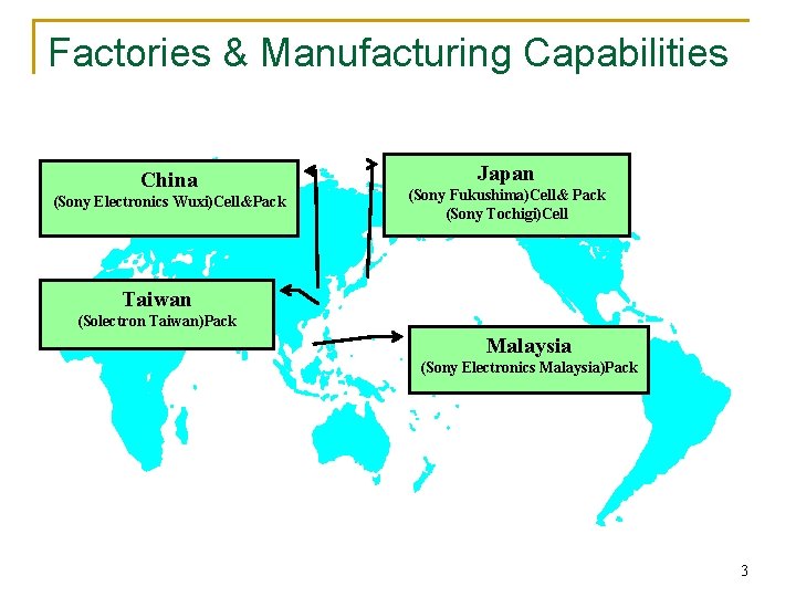 Factories & Manufacturing Capabilities China (Sony Electronics Wuxi)Cell&Pack Japan (Sony Fukushima)Cell& Pack (Sony Tochigi)Cell