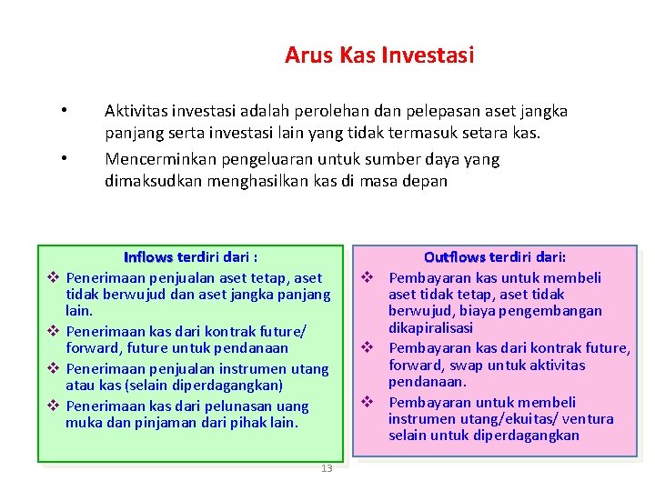 Arus Kas Investasi • • v v Aktivitas investasi adalah perolehan dan pelepasan aset