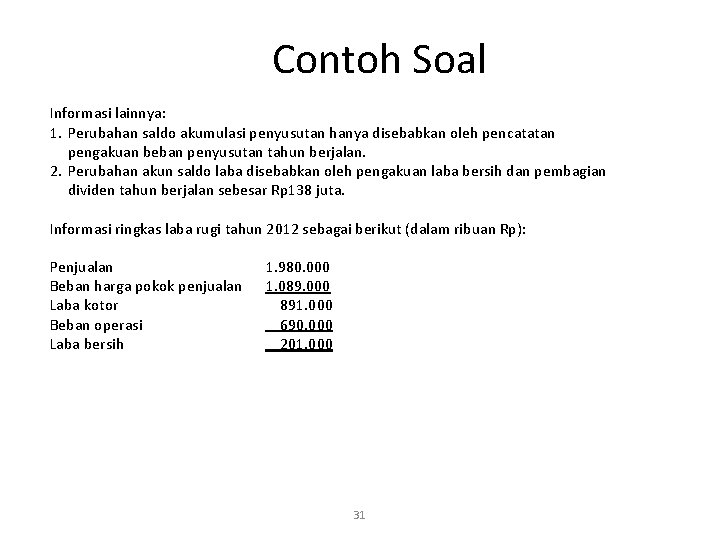 Contoh Soal Informasi lainnya: 1. Perubahan saldo akumulasi penyusutan hanya disebabkan oleh pencatatan pengakuan