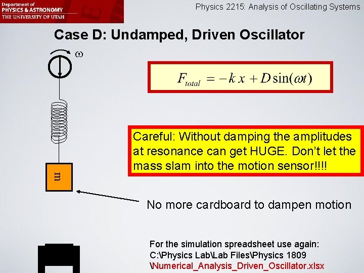 Physics 2215: Analysis of Oscillating Systems Case D: Undamped, Driven Oscillator w Careful: Without