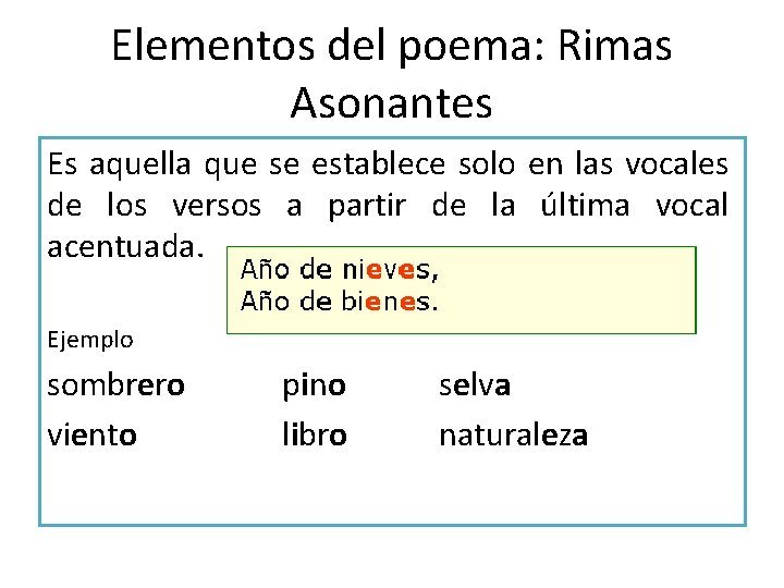 Elementos del poema: Rimas Asonantes Es aquella que se establece solo en las vocales Elementos del poema: Rimas Asonantes Es aquella que se establece solo en las vocales