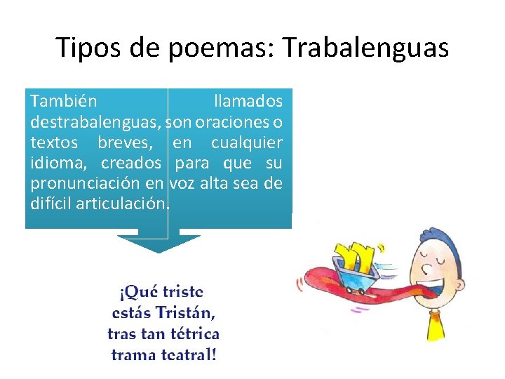 Tipos de poemas: Trabalenguas También llamados destrabalenguas, son oraciones o textos breves, en cualquier Tipos de poemas: Trabalenguas También llamados destrabalenguas, son oraciones o textos breves, en cualquier