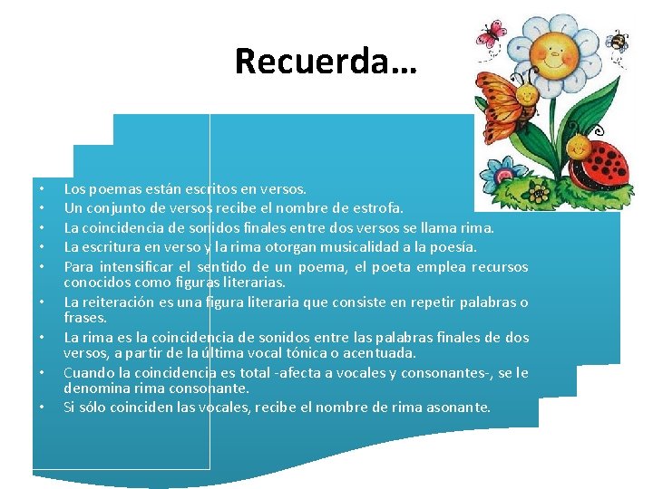 Recuerda… • • • Los poemas están escritos en versos. Un conjunto de versos Recuerda… • • • Los poemas están escritos en versos. Un conjunto de versos