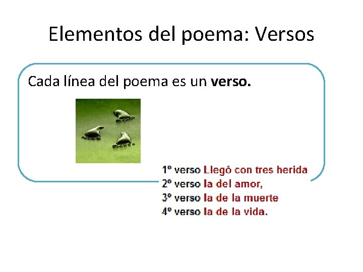 Elementos del poema: Versos Cada línea del poema es un verso. Elementos del poema: Versos Cada línea del poema es un verso.