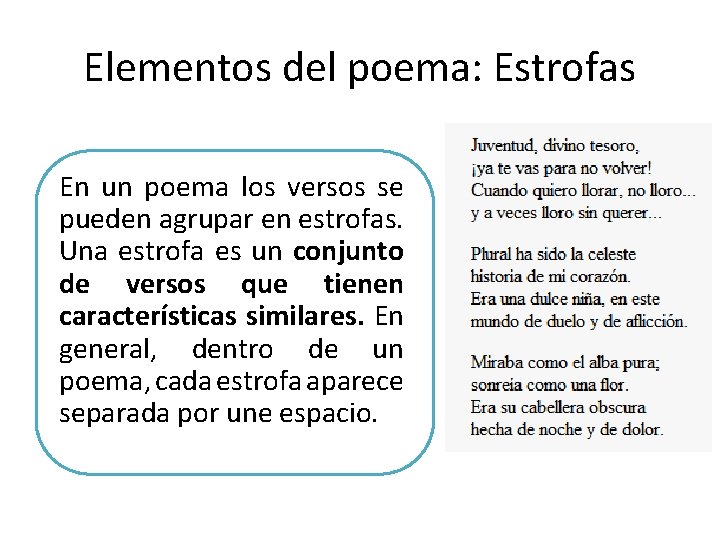 Elementos del poema: Estrofas En un poema los versos se pueden agrupar en estrofas. Elementos del poema: Estrofas En un poema los versos se pueden agrupar en estrofas.