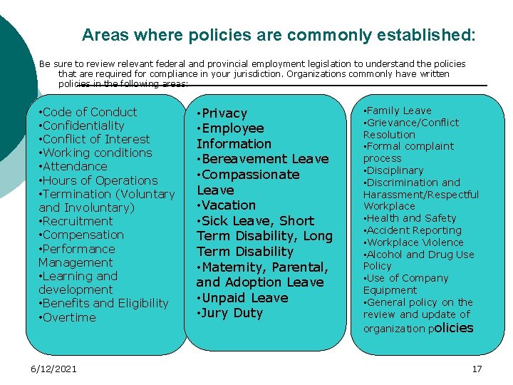 Areas where policies are commonly established: Be sure to review relevant federal and provincial