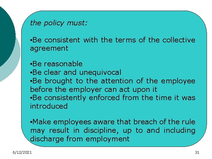 the policy must: • Be consistent with the terms of the collective agreement •