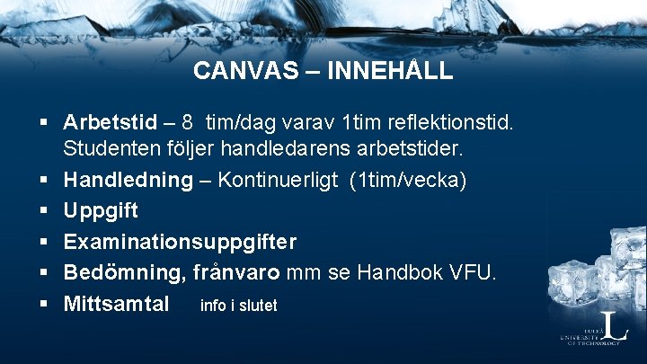 CANVAS – INNEHÅLL § Arbetstid – 8 tim/dag varav 1 tim reflektionstid. Studenten följer