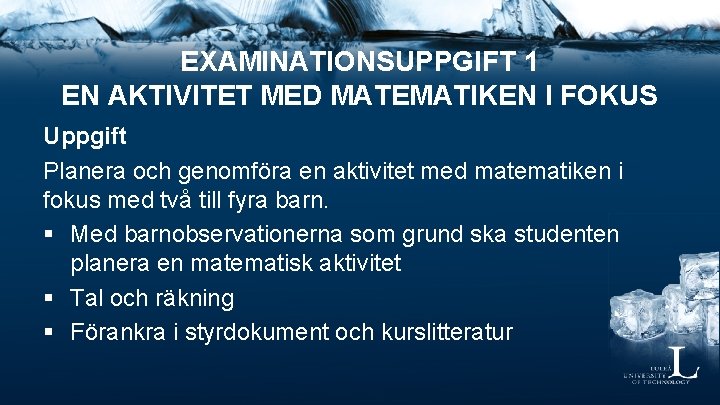 EXAMINATIONSUPPGIFT 1 EN AKTIVITET MED MATEMATIKEN I FOKUS Uppgift Planera och genomföra en aktivitet