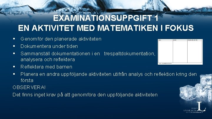 EXAMINATIONSUPPGIFT 1 EN AKTIVITET MED MATEMATIKEN I FOKUS § § § Genomför den planerade