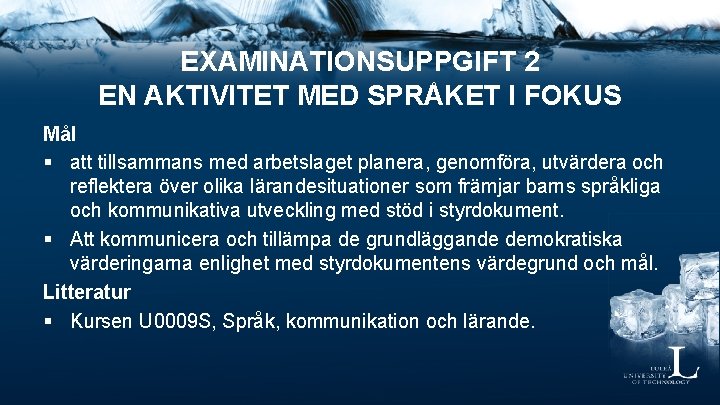 EXAMINATIONSUPPGIFT 2 EN AKTIVITET MED SPRÅKET I FOKUS Mål § att tillsammans med arbetslaget