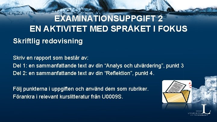 EXAMINATIONSUPPGIFT 2 EN AKTIVITET MED SPRÅKET I FOKUS Skriftlig redovisning Skriv en rapport som