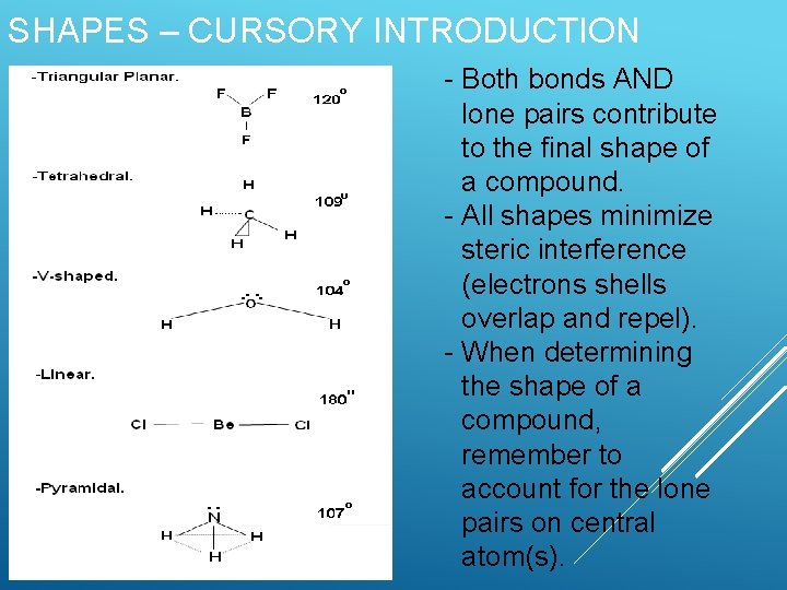 SHAPES – CURSORY INTRODUCTION - Both bonds AND lone pairs contribute to the final
