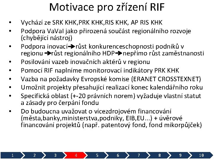 Motivace pro zřízení RIF Vychází ze SRK KHK, PRK KHK, RIS KHK, AP RIS