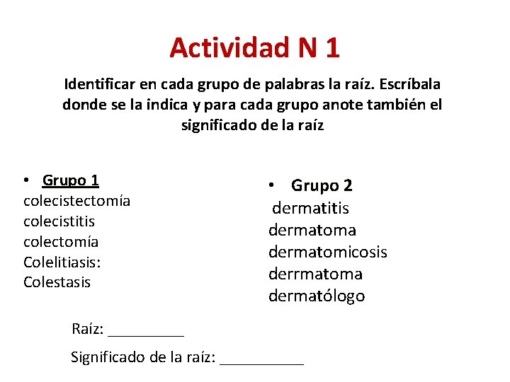 Actividad N 1 Identificar en cada grupo de palabras la raíz. Escríbala donde se