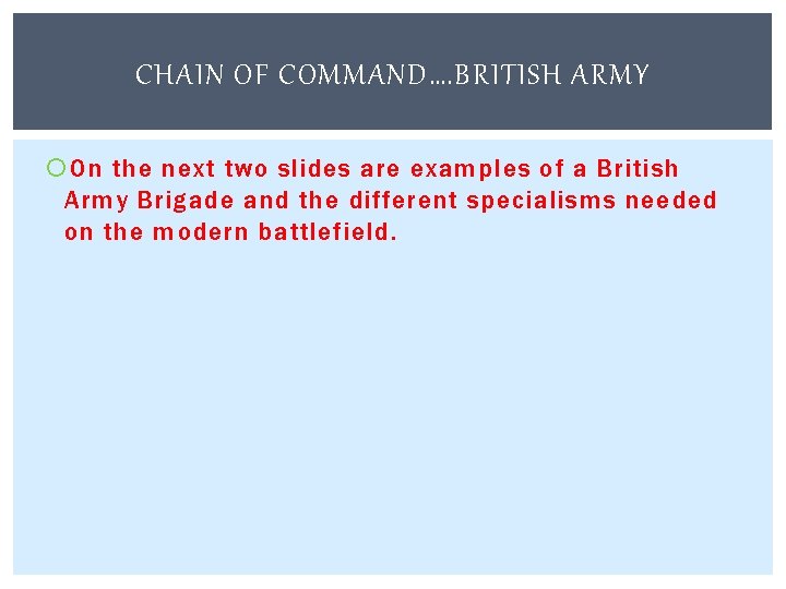 CHAIN OF COMMAND…. BRITISH ARMY On the next two slides are examples of a