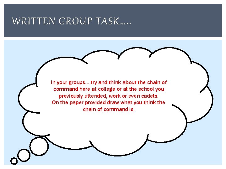 WRITTEN GROUP TASK…. . In your groups…. try and think about the chain of