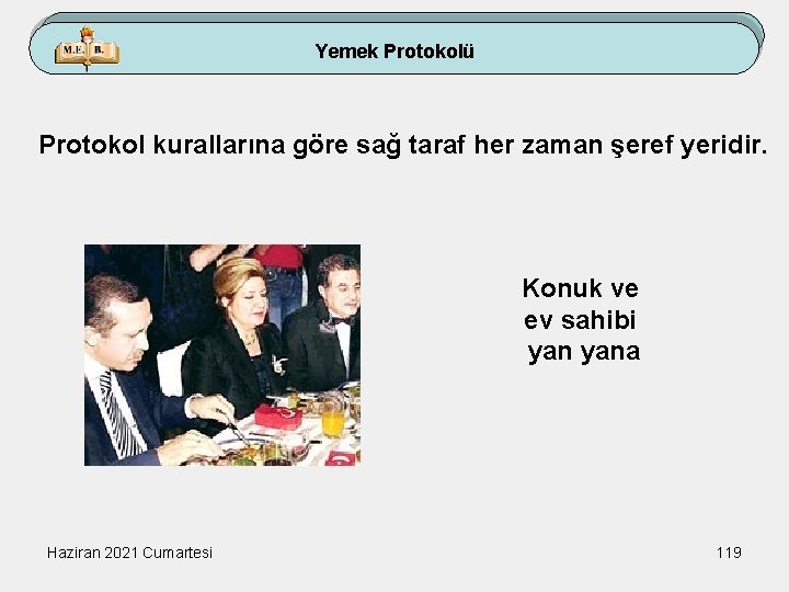 Yemek Protokolü Protokol kurallarına göre sağ taraf her zaman şeref yeridir. Konuk ve ev