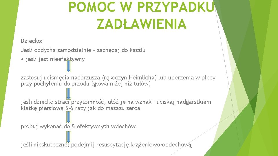 POMOC W PRZYPADKU ZADŁAWIENIA Dziecko: Jeśli oddycha samodzielnie – zachęcaj do kaszlu • jeśli