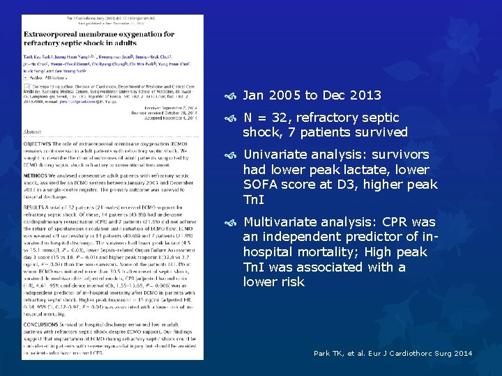 Jan 2005 to Dec 2013 N = 32, refractory septic shock, 7 patients