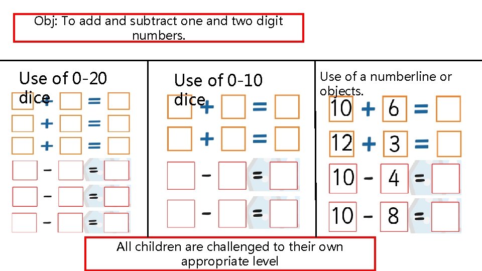 Obj: To add and subtract one and two digit numbers. Use of 0 -20