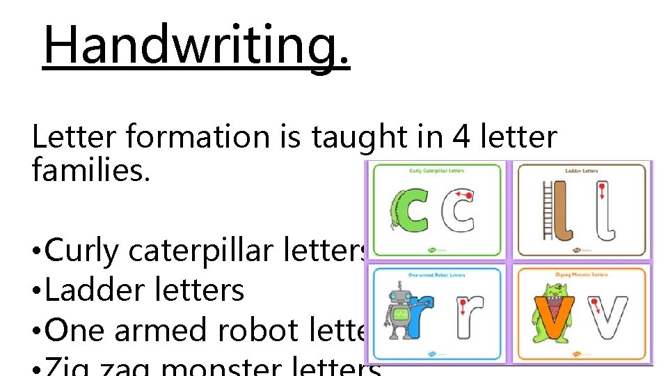 Handwriting. Letter formation is taught in 4 letter families. • Curly caterpillar letters •