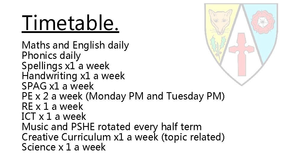 Timetable. Maths and English daily Phonics daily Spellings x 1 a week Handwriting x