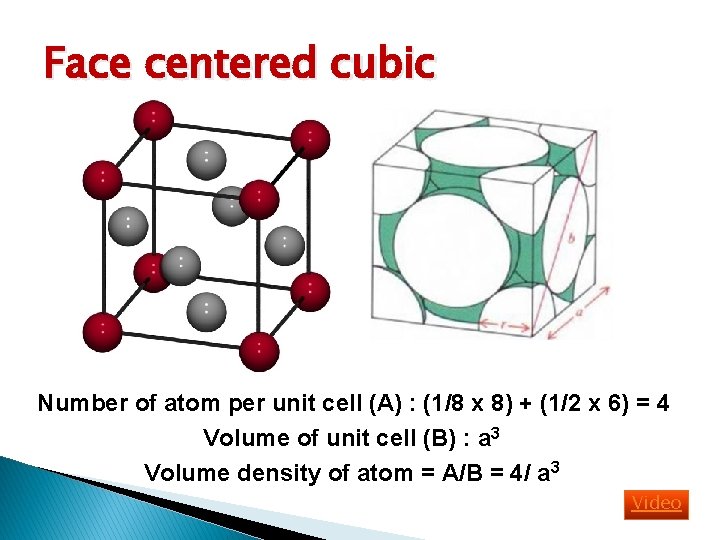 Face centered cubic Number of atom per unit cell (A) : (1/8 x 8)