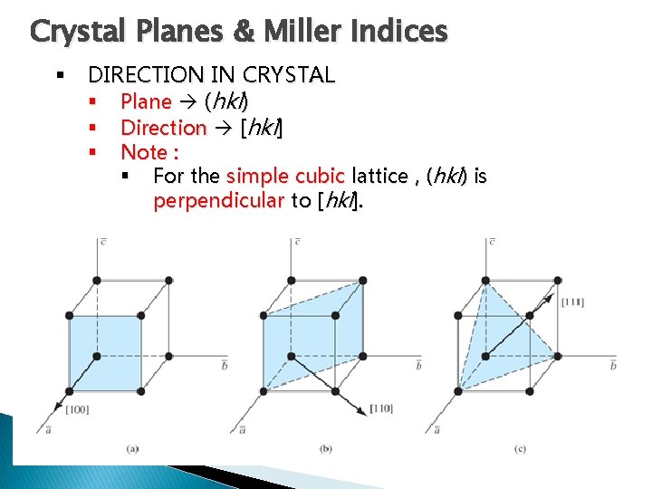 Crystal Planes & Miller Indices § DIRECTION IN CRYSTAL § Plane (hkl) § Direction