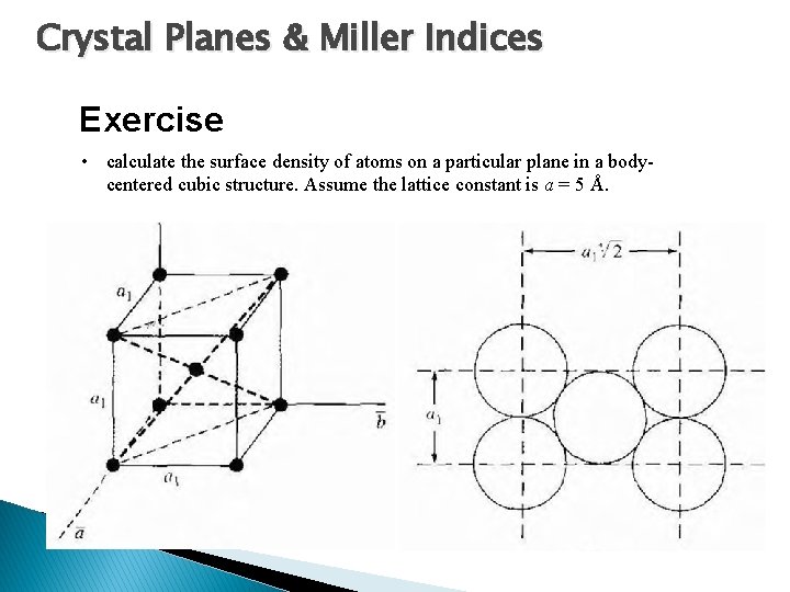 Crystal Planes & Miller Indices Exercise • calculate the surface density of atoms on