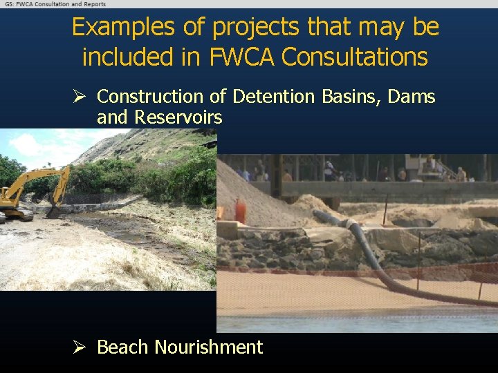 Examples of projects that may be included in FWCA Consultations Ø Construction of Detention
