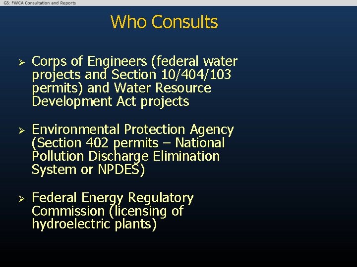 Who Consults Ø Ø Ø Corps of Engineers (federal water projects and Section 10/404/103