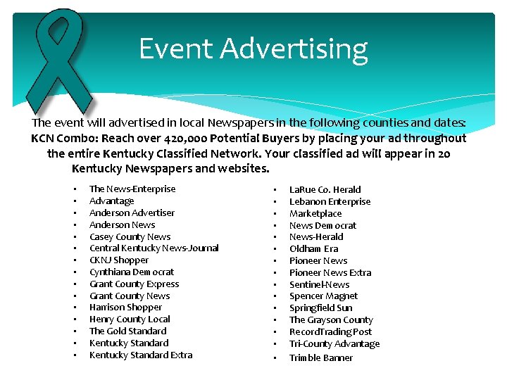 Event Advertising The event will advertised in local Newspapers in the following counties and