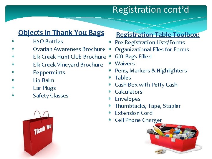 Registration cont’d Objects in Thank You Bags H 2 O Bottles Ovarian Awareness Brochure