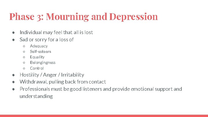 Phase 3: Mourning and Depression ● Individual may feel that all is lost ●