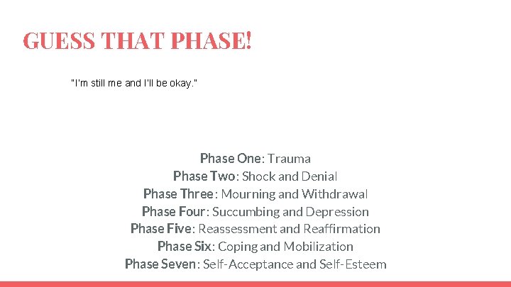GUESS THAT PHASE! “I’m still me and I’ll be okay. ” Phase One: Trauma