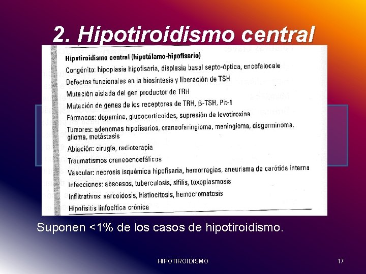 2. Hipotiroidismo central -* Secundario: Por déficit de TSH hipofisiaria. -* Terciario: Por déficit