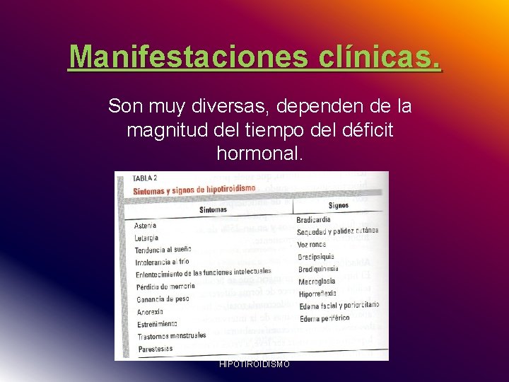 Manifestaciones clínicas. Son muy diversas, dependen de la magnitud del tiempo del déficit hormonal.