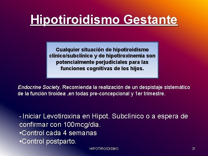 Hipotiroidismo Gestante Cualquier situación de hipotiroidismo clínico/subclínico y de hipotiroxinemia son potencialmente perjudiciales para