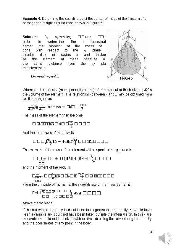 Example 4. Determine the coordinates of the center of mass of the frustum of