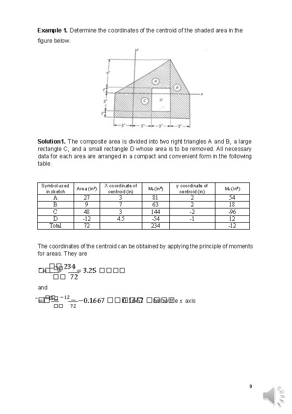 Example 1. Determine the coordinates of the centroid of the shaded area in the