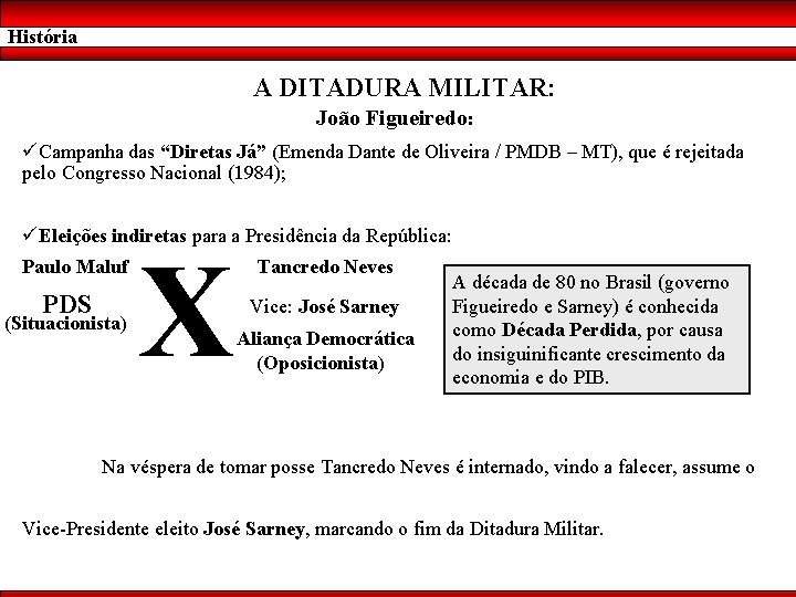 História A DITADURA MILITAR: João Figueiredo: üCampanha das “Diretas Já” (Emenda Dante de Oliveira