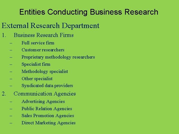 Entities Conducting Business Research External Research Department 1. Business Research Firms – – –