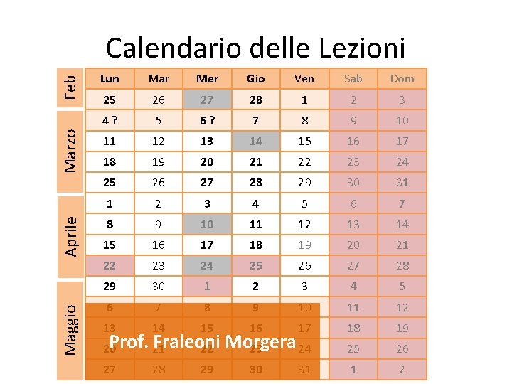 Maggio Aprile Marzo Feb Calendario delle Lezioni Lun Mar Mer Gio Ven Sab Dom