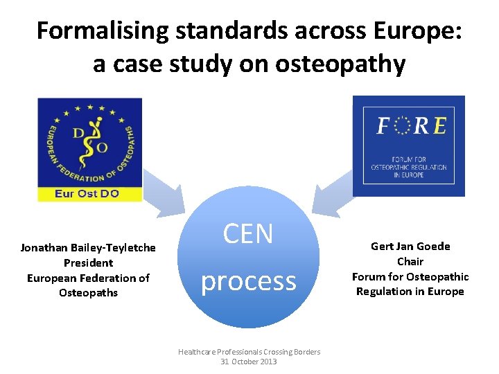 Formalising standards across Europe: a case study on osteopathy Jonathan Bailey-Teyletche President European Federation