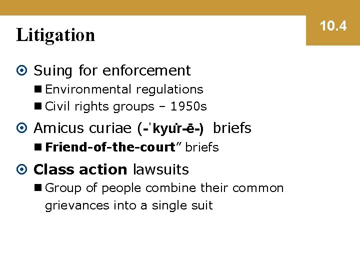 Litigation Suing for enforcement n Environmental regulations n Civil rights groups – 1950 s